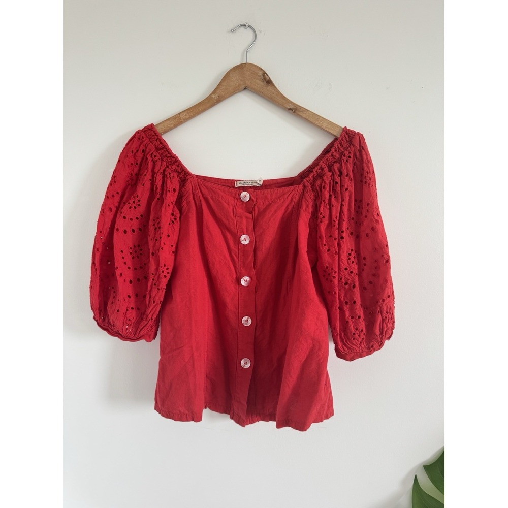 Made In Italy  Red Women's Linen Blend‎ Shirt Top Puff Eyelet Sleeve Size Medium